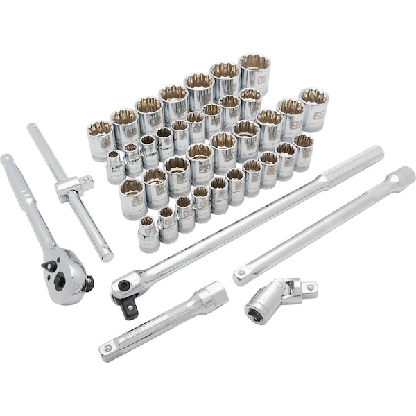 1/2"Dr 41Pcs 12 Pt Std, SAE/Metric Socket Set, 3/8"-1-5/16", 10mm-28mm